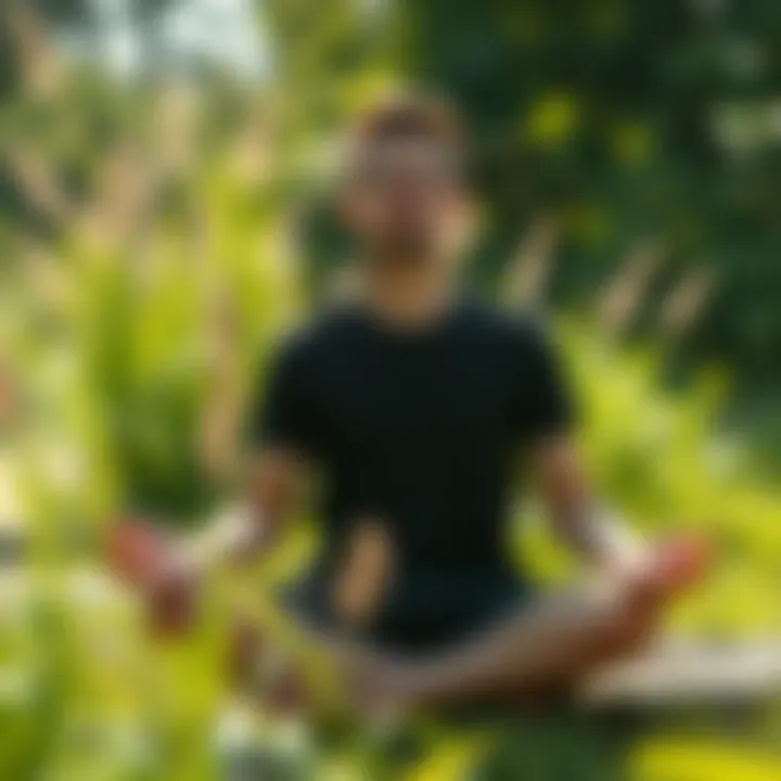 Person meditating outdoors A 37-year-old individual meditating peacefully in nature, surrounded by greenery, symbolizing a journey towards spiritual growth and emotional freedom.