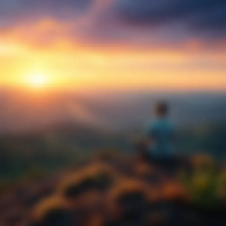 Person meditating outdoors A person sits cross-legged on a hill during sunset, surrounded by nature, reflecting on the idea of enlightenment.