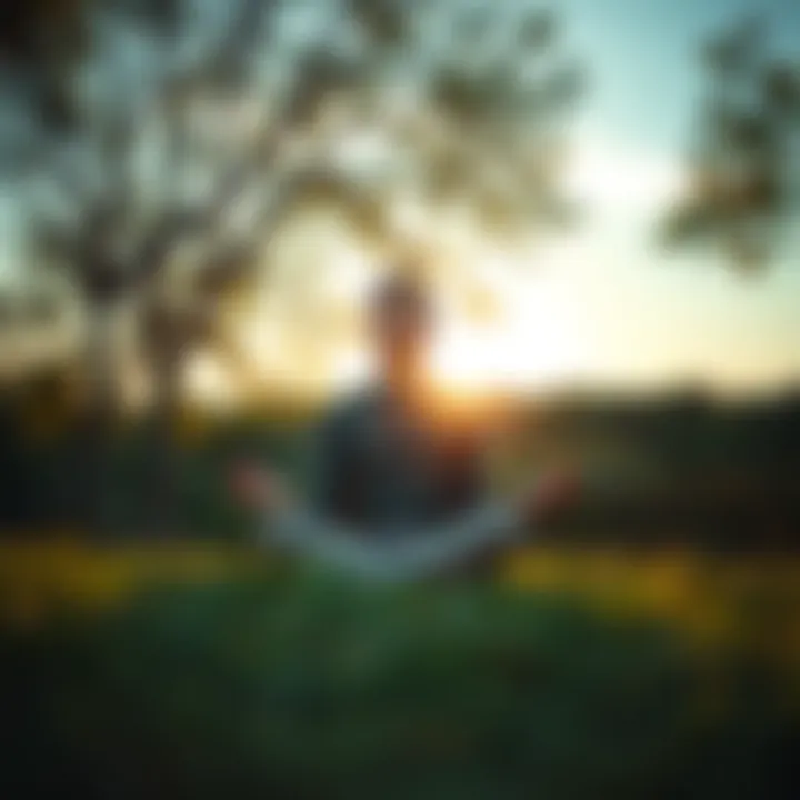 A person sitting cross-legged on grass, surrounded by trees, meditating with a calm expression, seeking peace of mind.