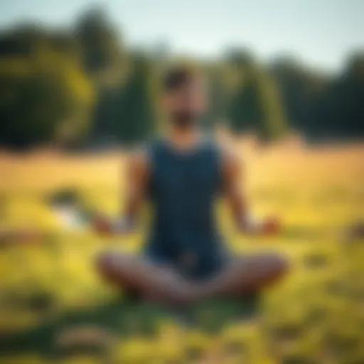 A person sitting cross-legged on grass, practicing meditation with a serene expression, surrounded by nature