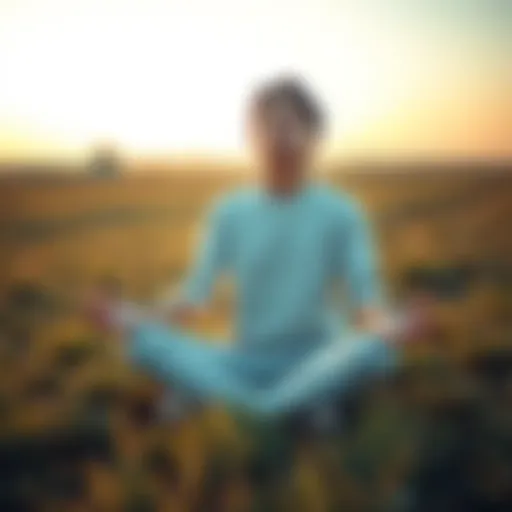 Individual sitting cross-legged on a grassy field, practicing meditation with eyes closed and hands resting on knees, surrounded by nature