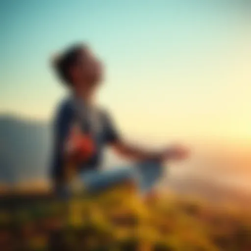 A person sitting cross-legged on a grassy hilltop, eyes closed, meditating under a clear blue sky, surrounded by nature.