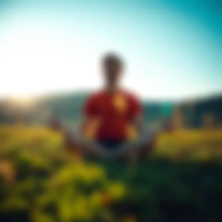 A person sitting cross-legged on the grass, meditating with a serene expression, surrounded by nature for mental clarity and focus.