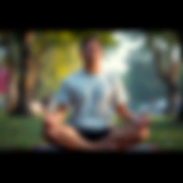 Individual sitting cross-legged in a park, practicing meditation with a peaceful expression and eyes closed, surrounded by nature.