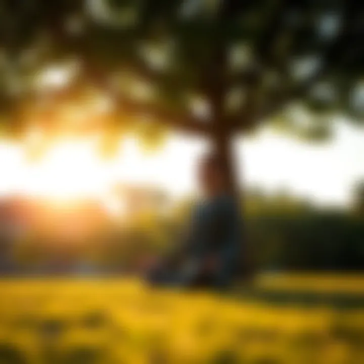 A beginner meditates under a tree, contemplating fitness and spiritual goals in a serene park setting.