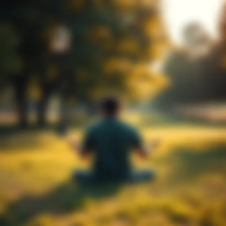 A person sitting cross-legged on the grass, meditating with trees and sunlight in the background, reflecting on career choices and spirituality.