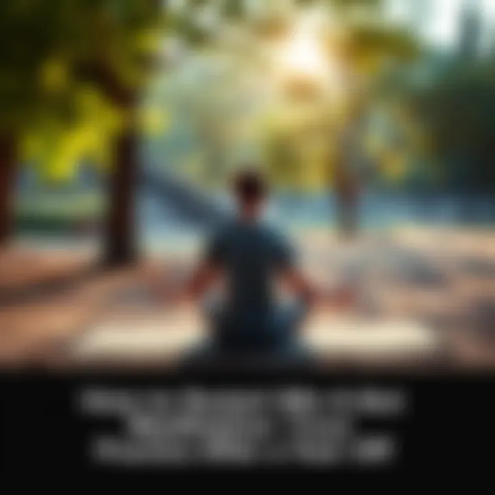 Individual sitting cross-legged on a mat in a serene outdoor location with sunlight filtering through trees, practicing meditation