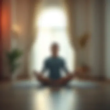 Person meditating in a peaceful setting A person sitting cross-legged on a mat, eyes closed, in a tranquil environment surrounded by soft natural light and plants, embodying relaxation through meditation.