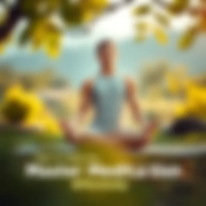 Individual sitting cross-legged on a mat, eyes closed, surrounded by nature, with a calm expression