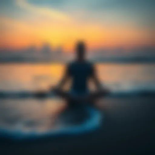 Individual sitting cross-legged on a beach at sunset, eyes closed, surrounded by calm waves and a gentle breeze, symbolizing a quiet mind during meditation