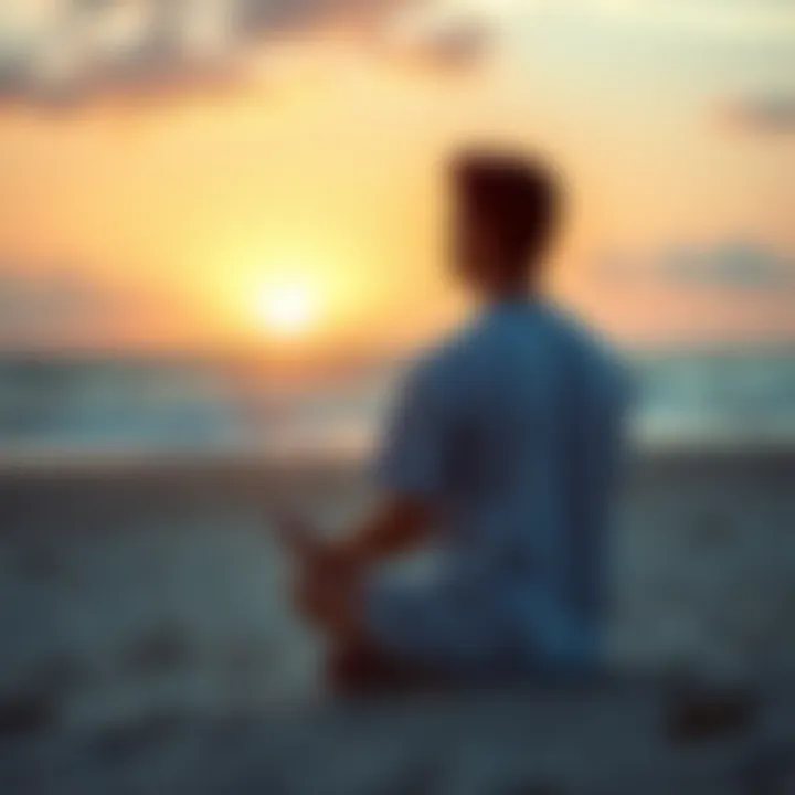 A person sitting cross-legged on a beach, looking serene while meditating during sunset