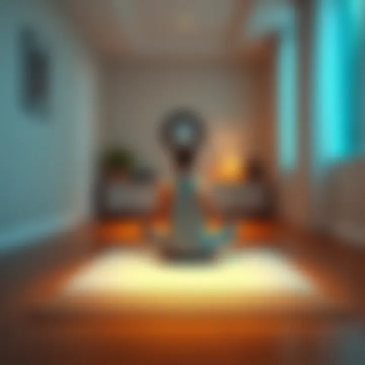A person sitting cross-legged on a mat in a quiet room, with soft lighting and calm decor, practicing meditation.