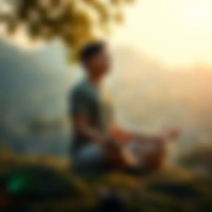 Individual sitting cross-legged in a serene environment, practicing meditation to find calmness amidst NHI activity.