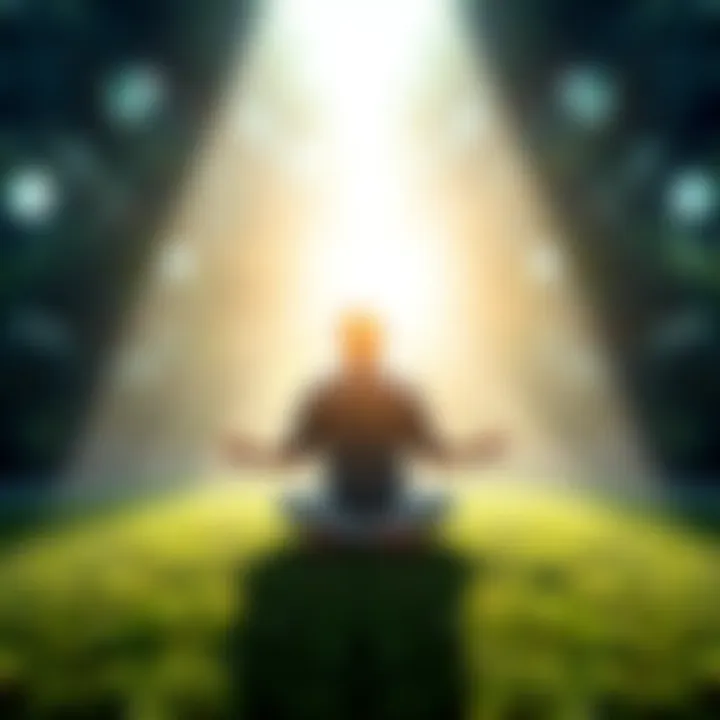 Individual sitting cross-legged on the floor, surrounded by soft light and peaceful nature, reflecting tranquility and trust