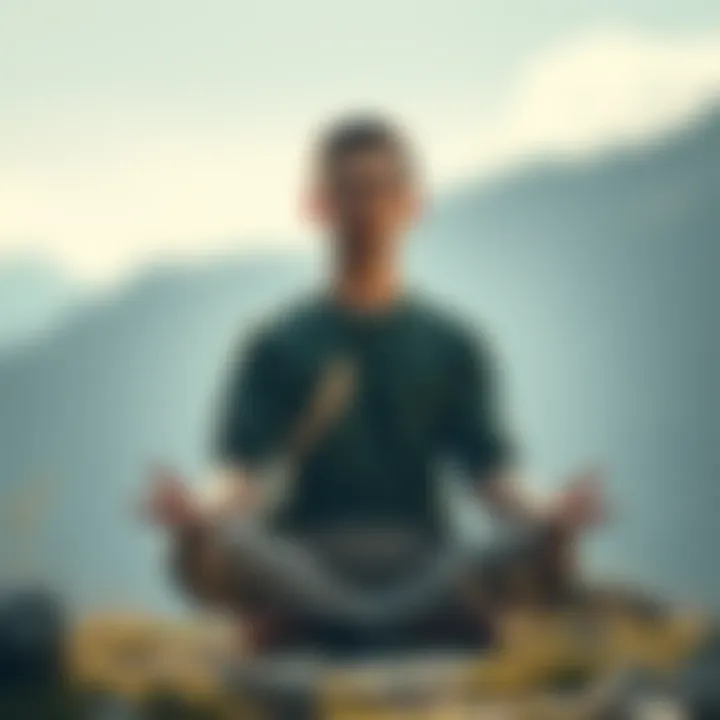 Individual sitting cross-legged, eyes closed, surrounded by calming nature, embodying serenity while visualizing desires