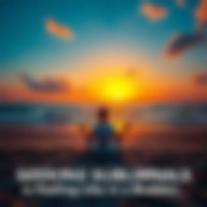 Individual sitting cross-legged on a beach at sunset, reflecting on self-acceptance and inner peace