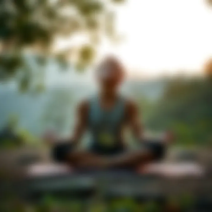 A person sitting cross-legged on a mat, eyes closed, surrounded by nature, trying to focus on meditation despite distractions.