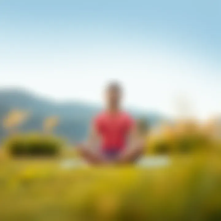 A person sitting cross-legged on a mat, meditating outdoors with a serene expression