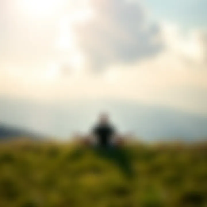 Person meditating in a serene setting A person sitting cross-legged on a grassy hilltop, meditating with closed eyes, surrounded by nature and sunlight.