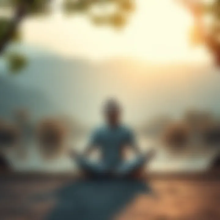 An individual sitting cross-legged in a peaceful setting, eyes closed, surrounded by calm nature, representing a search for belonging and identity through meditation