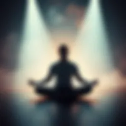 A person sits cross-legged, meditating in a peaceful space, surrounded by soft light and calming colors, suggesting a state of deep relaxation and exploration of consciousness.