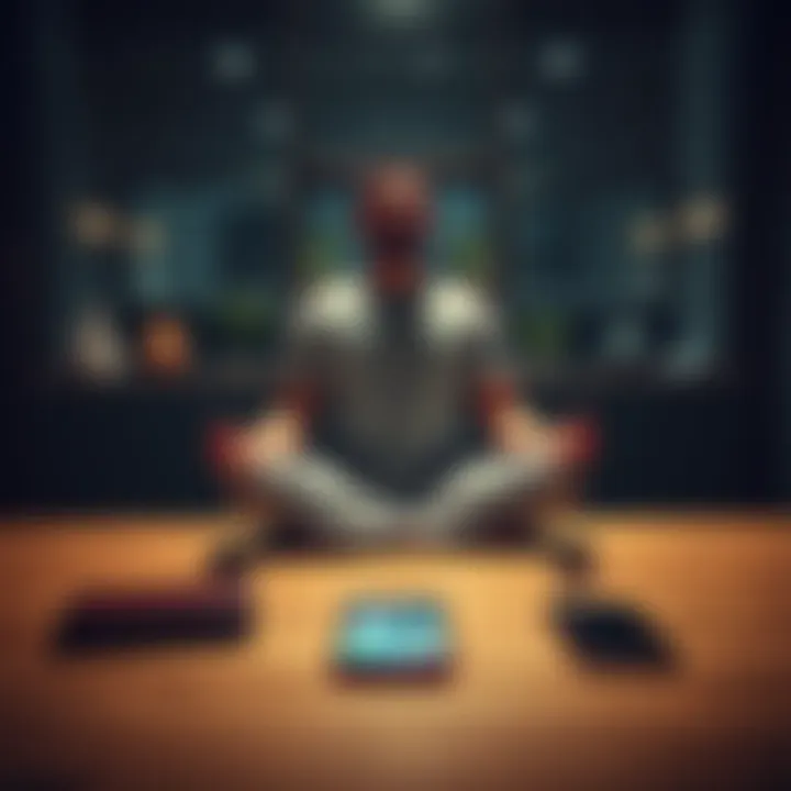 Individual sitting cross-legged, meditating with a smartphone placed on a nearby table, symbolizing phone usage and mindfulness
