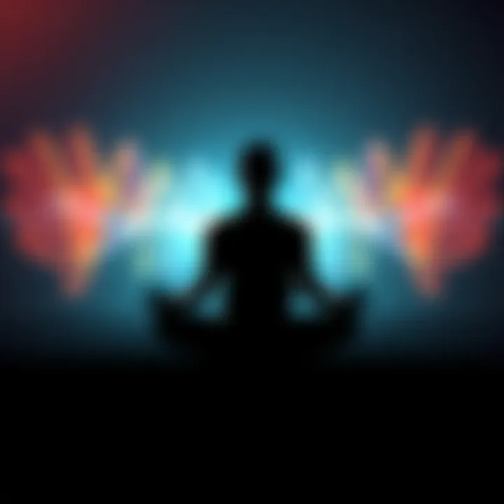 Person meditating with sound waves A person sitting cross-legged in meditation, surrounded by visual sound waves representing Hemi-Sync, symbolizing meditation and well-being.