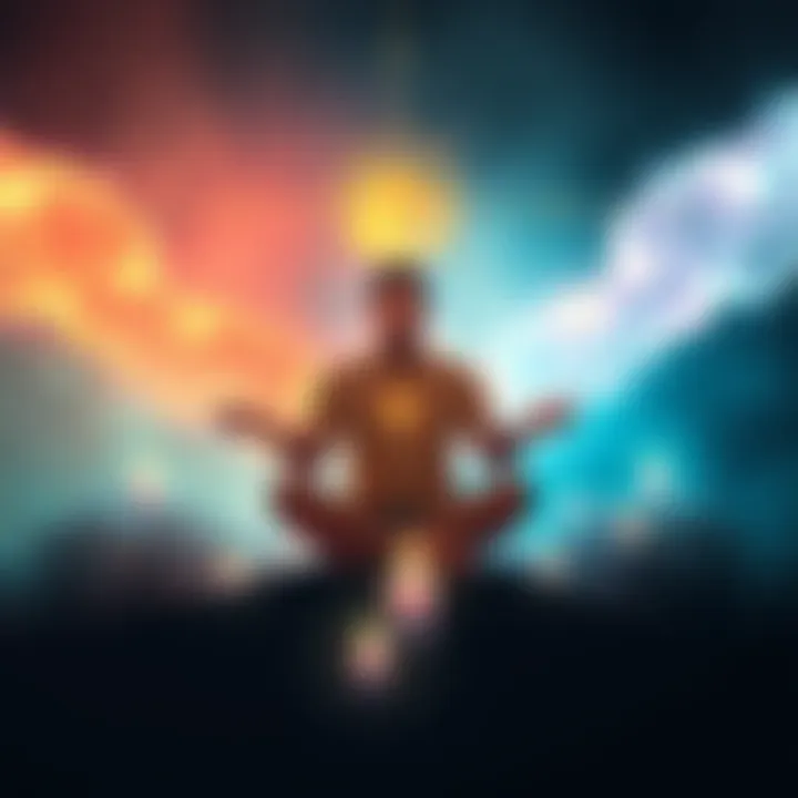 A person sitting cross-legged in meditation surrounded by soft, glowing lights representing spirit guides