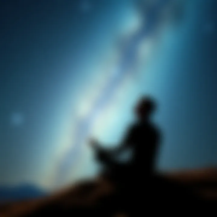 A person sitting cross-legged on a hilltop, meditating with closed eyes under a glowing night sky filled with stars and bright constellations.