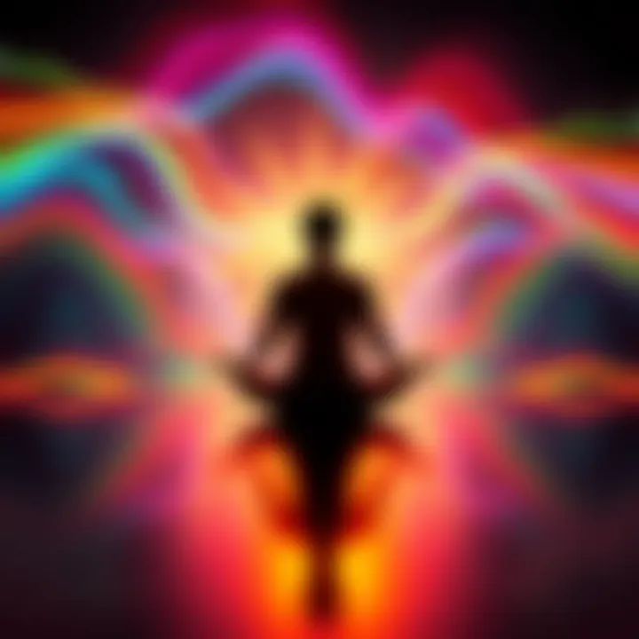 Person meditating with colorful waves around A person sits cross-legged in meditation, surrounded by colorful waves representing shifting subliminals and thoughts