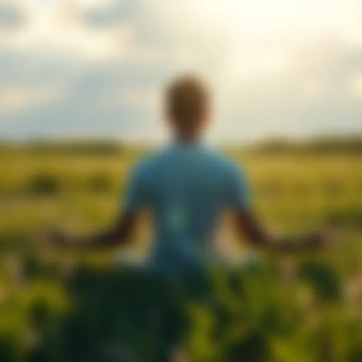 A person sitting cross-legged on a grassy field, meditating with sunlight illuminating their face, symbolizing peace and hope in mental health