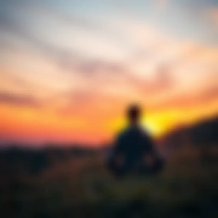Person meditating at sunrise Individual meditating in a serene outdoor setting during sunrise, embodying peace and focus