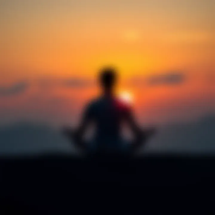 A person sitting cross-legged in meditation during sunrise, reflecting peace and calmness, with soft light illuminating the surroundings.