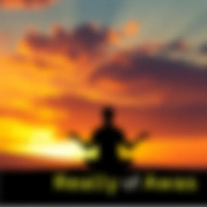 Silhouette of a person meditating at sunset A person sitting cross-legged in meditation during a colorful sunset, symbolizing spiritual awakening