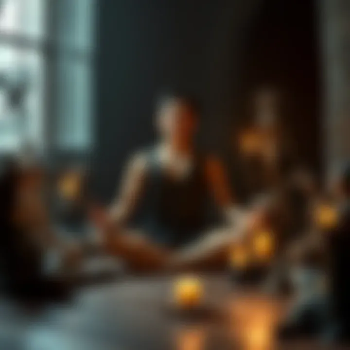 Person meditating with symbolic figures An individual sitting cross-legged in meditation, surrounded by various symbolic representations of deities, creating a serene atmosphere for personal reflection and comfort.