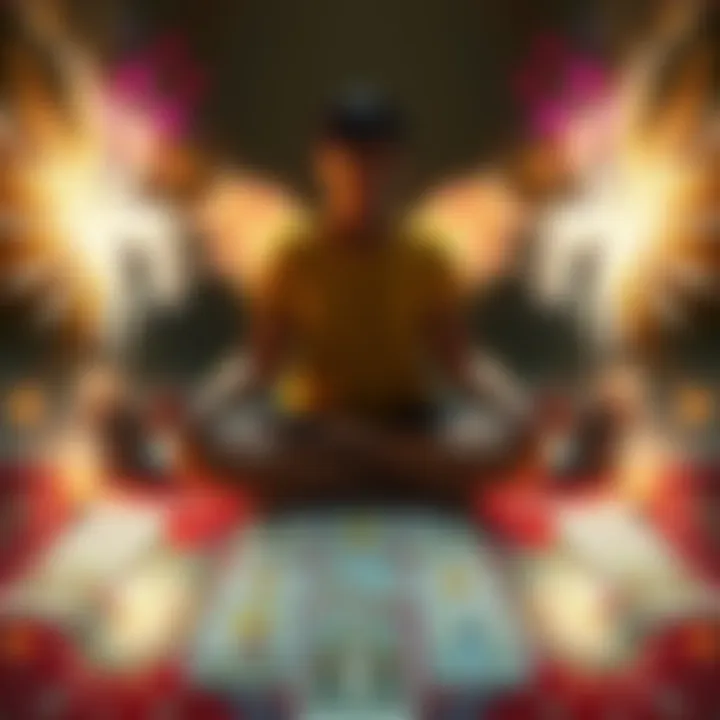 Individual sitting cross-legged with tarot cards spread out, focusing on meditation and spiritual connection