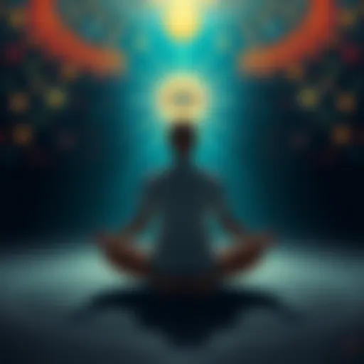A person sitting cross-legged in meditation, with glowing third eye symbol above their forehead, surrounded by light and cosmic patterns, representing spiritual insight and past life reflections.
