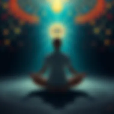 Person meditating with third eye illustration A person sitting cross-legged in meditation, with glowing third eye symbol above their forehead, surrounded by light and cosmic patterns, representing spiritual insight and past life reflections.