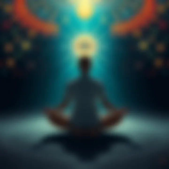 Person meditating with third eye illustration A person sitting cross-legged in meditation, with glowing third eye symbol above their forehead, surrounded by light and cosmic patterns, representing spiritual insight and past life reflections.