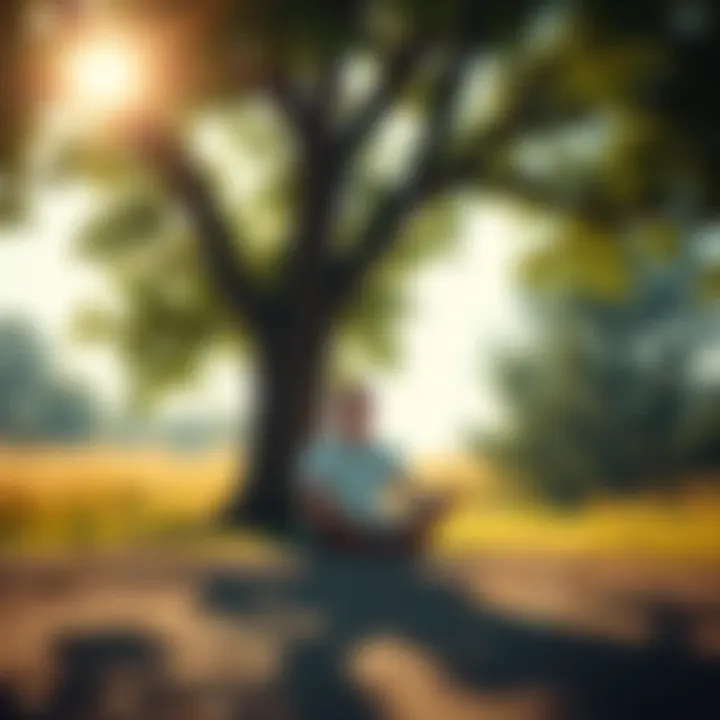 A person sitting cross-legged under a tree, meditating peacefully, surrounded by nature, symbolizing personal enlightenment.
