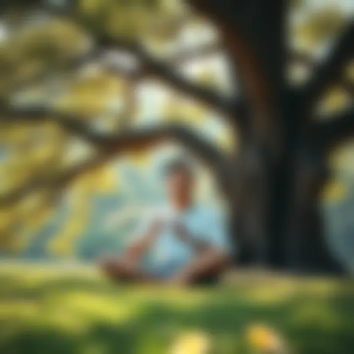 A person sitting cross-legged under a large tree, contemplating their thoughts, with a serene expression on their face, symbolizing the search for enlightenment.