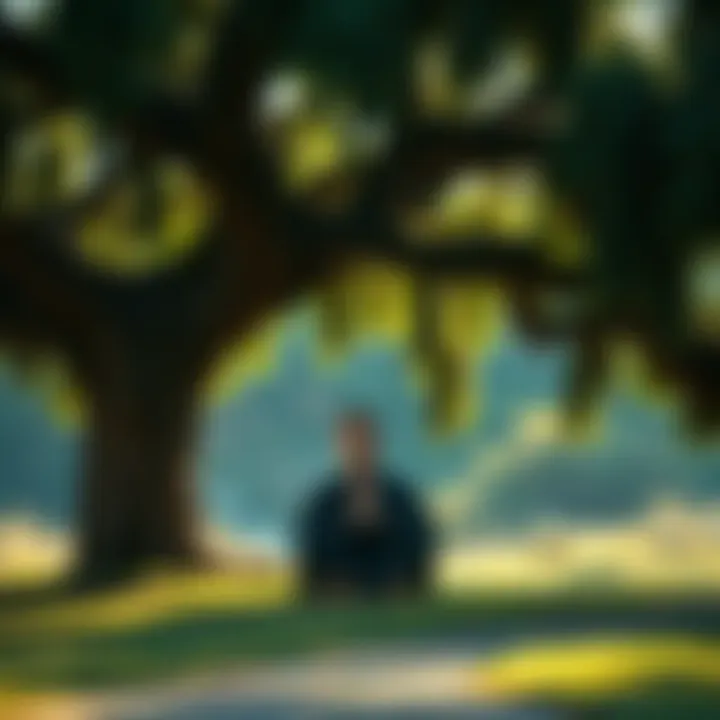 A person sitting cross-legged beneath a large tree, meditating peacefully with a serene expression, surrounded by nature