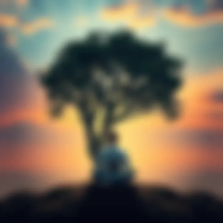 A person sitting cross-legged under a tree, reflecting on life and the essence of truth, with a serene expression.