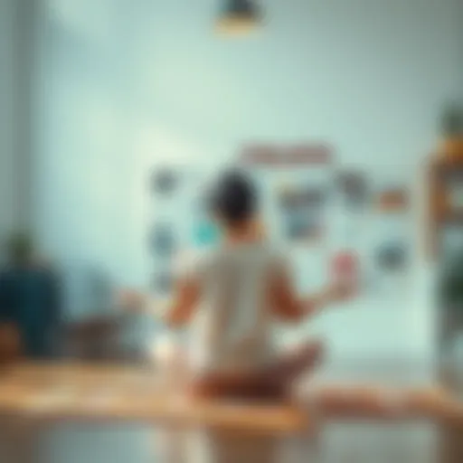 A person sitting cross-legged, focusing on a vision board filled with images and affirmations, surrounded by natural light and calming decor