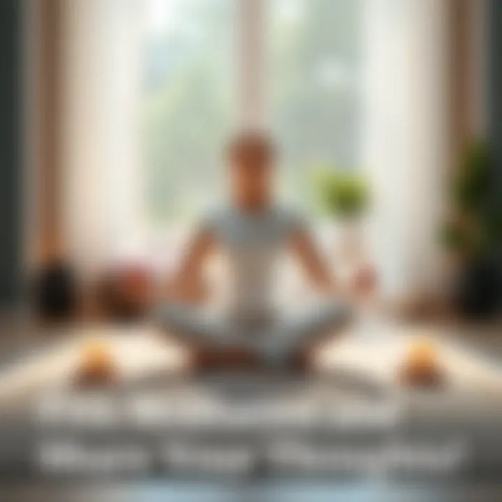 A person sitting cross-legged in a serene environment, surrounded by soft light and calming elements, promoting meditation and relaxation.