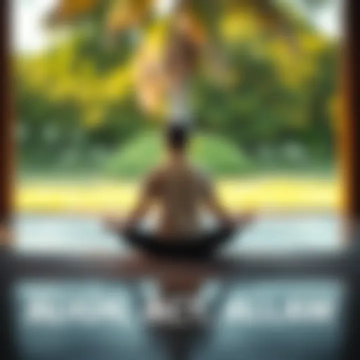 A person sitting cross-legged in a serene environment, practicing meditation to embody the Align, Act, Allow framework.
