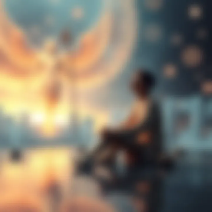 A person sits cross-legged, surrounded by glowing symbols and patterns, interacting with a figure resembling Hermes, who is depicted with wings and a staff, in a serene setting