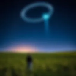 A person standing in a field at night, gazing up at a starry sky with potential UFO lights in the distance.