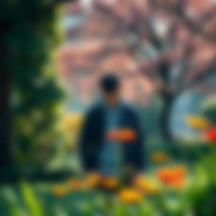 A person standing in a park, looking closely at a flower, showing curiosity and attention to detail.