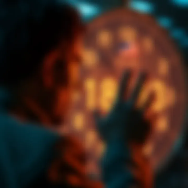 Individual looking at a clock showing the same numbers, symbolizing synchronicities,